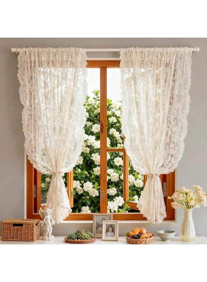 Relex 2 Panels Victorian Beige 3D Floral Knitted Woven Lace Sheer Curtain Valance for Kitchen Small Window Princess Style Embroidery Romantic Rose Voile Drapes Rod Pocket (100x140 cm) - Image 1