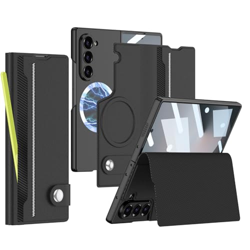 XIMAND for Samsung Galaxy Z Fold 6 Leather Case with Card Slots, Kickstand, Anti-Shock, Magnetic Buckle, Compatible with Magsafe Magnetic Wireless Charging.(Black) - Image 1