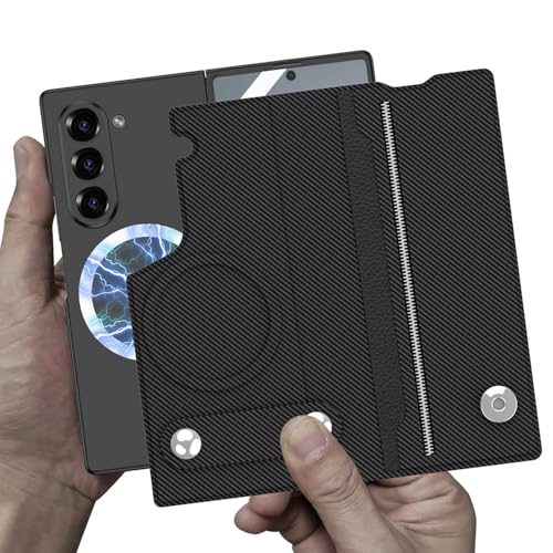XIMAND for Samsung Galaxy Z Fold 6 Leather Case with Card Slots, Kickstand, Anti-Shock, Magnetic Buckle, Compatible with Magsafe Magnetic Wireless Charging.(Black) - Image 5