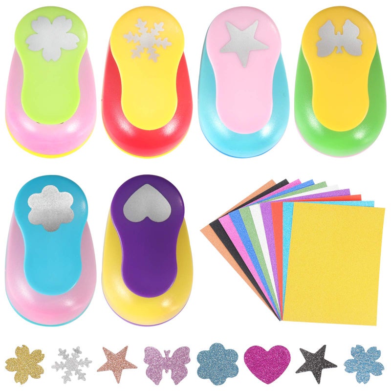 Regilt 6 Pcs Colorful Craft Hole Punch with 10 Glitter Cardstock Papers Decorative Scrapbook Paper Puncher Set Different Shape Paper Hole Puncher Set for Office Supplies 6 Pcs Different Shapes
