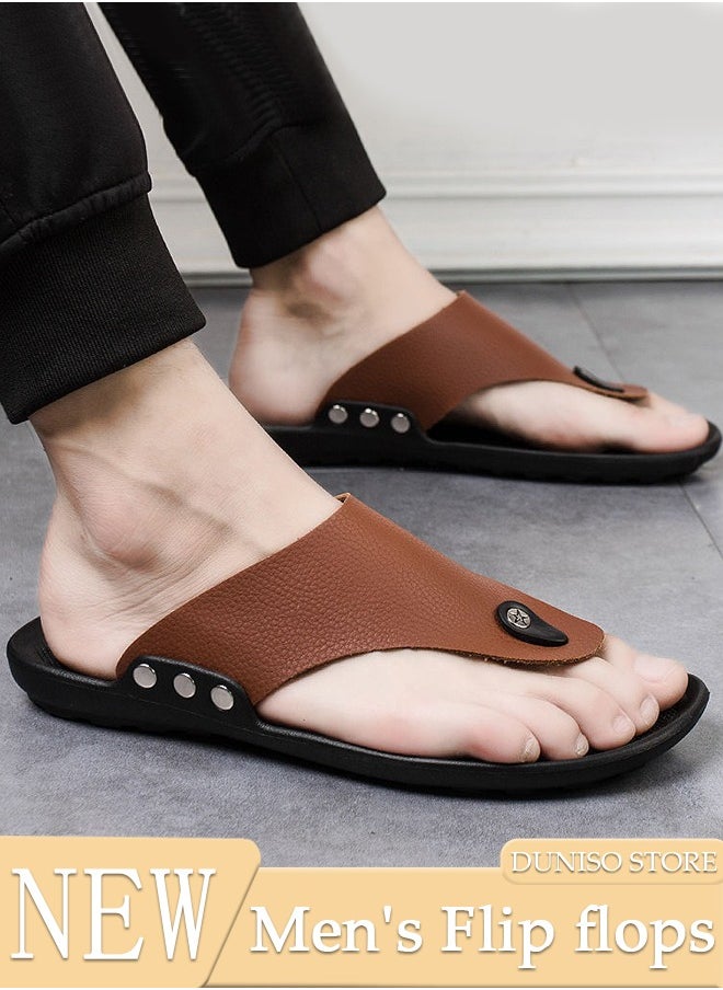 DUNISO Men's Flip Flops Fashion Leather Beach Slipper Non-slip Breathable Flat Slipper Open Toe Soft Slippers House Slide Sandal for Beach Spa Bath Pool Gym  - Image 1