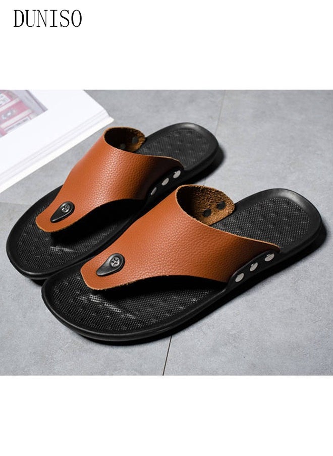 DUNISO Men's Flip Flops Fashion Leather Beach Slipper Non-slip Breathable Flat Slipper Open Toe Soft Slippers House Slide Sandal for Beach Spa Bath Pool Gym  - Image 5