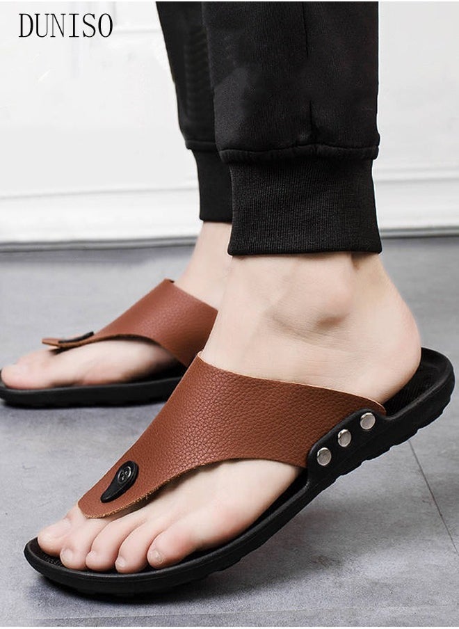 DUNISO Men's Flip Flops Fashion Leather Beach Slipper Non-slip Breathable Flat Slipper Open Toe Soft Slippers House Slide Sandal for Beach Spa Bath Pool Gym  - Image 4