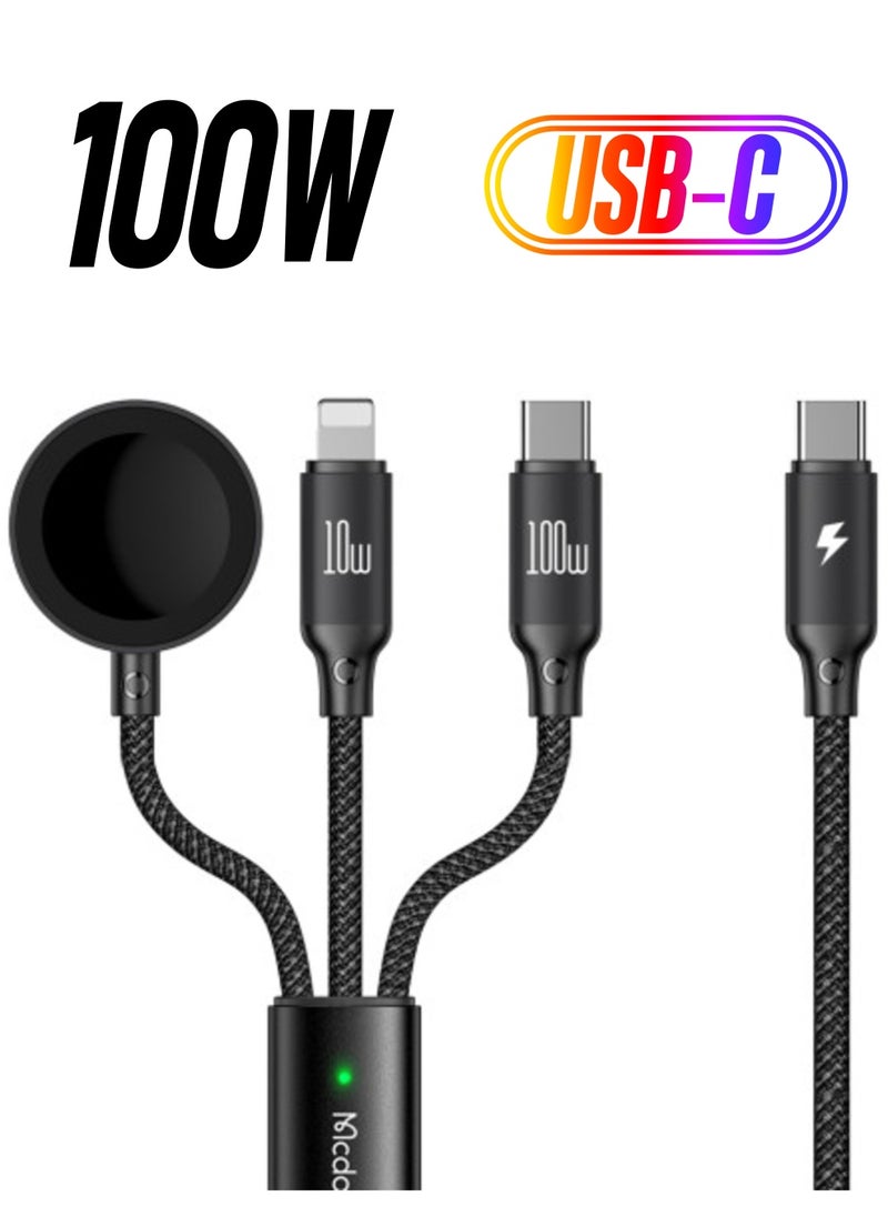 Mcdodo CA494 3-in-1 100W USB-C to Type-C & Lightning Cable with Wireless Charger for Apple Watch – 1.2m  - Image 1