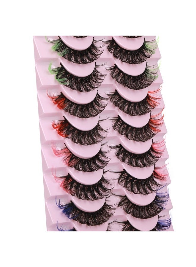 wiwoseo False Eyelashes Colorful Russian Strip Lashes Colored Faux Mink Lashes Natural Wispy Fluffy 18MM 3D Effect Color Fake Eyelashes for Festival 10 Pairs Pack