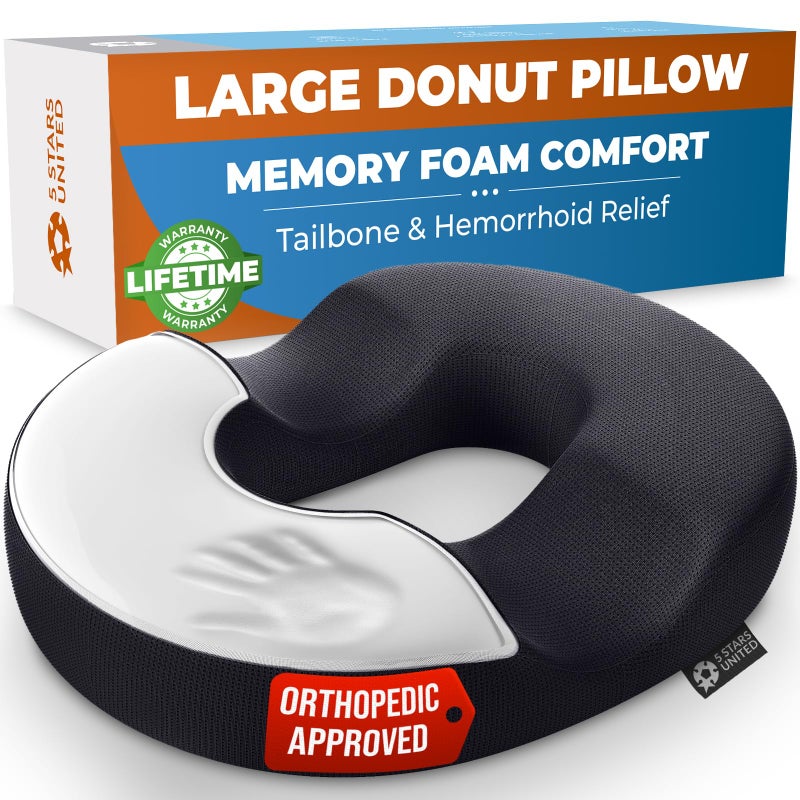 5 STARS UNITED Donut Pillow Hemorrhoid Tailbone Cushion  Large Cushion for Pain Relief  Coccyx Prostate Sciatica Pelvic Floor Pressure Sores Pregnancy Postpartum Recovery Black