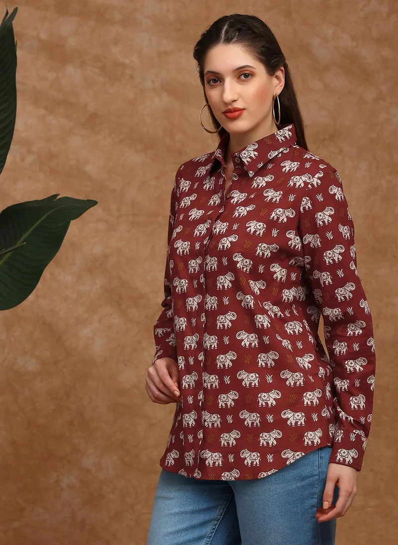 globus Globus Women Red Collared Neck Cuffed Sleeves Tribal Print Shirt Style Fusion Wear Tunic