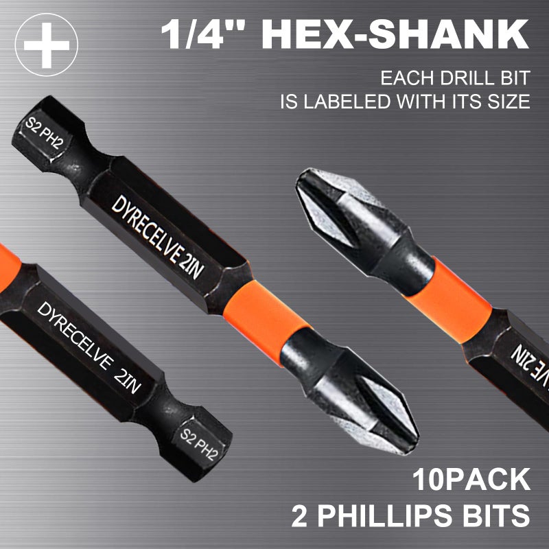 DYRECELVE 10-Pack Phillips Bits #2 Impact, 2-Inch Magnetic Phillips Head Drill & Screwdriver Bits, PH2 Premium S2 Steel 1/4" Hex Shank for Impact Drivers, Professional & DIY Use - Image 4