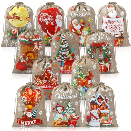 Wesnoy 12 Pcs 157 x 118 Large Christmas Gift Bags Drawstring for Gifts Christmas Burlap with Drawstring Reusable Burlap Gift Bags for Xmas Holiday Present Wrapping - Image 1