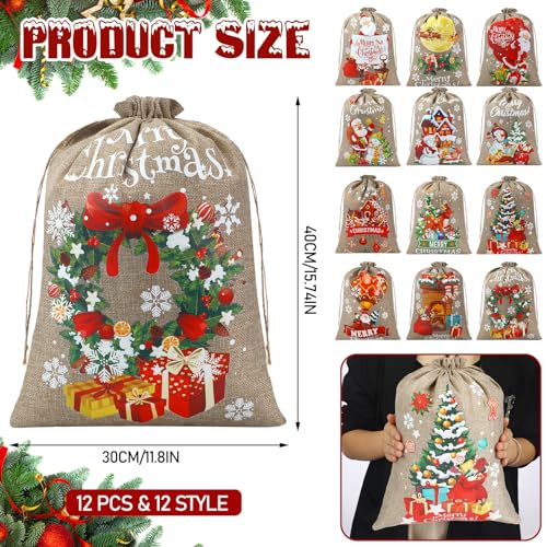 Wesnoy 12 Pcs 157 x 118 Large Christmas Gift Bags Drawstring for Gifts Christmas Burlap with Drawstring Reusable Burlap Gift Bags for Xmas Holiday Present Wrapping - Image 3