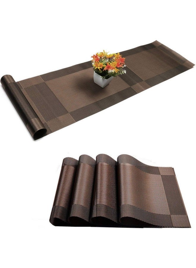 P-PLUS INTERNATIONAL Washable PVC Vinyl Heat Resistant Dinner Table Mats Placement Easy to Wash Cleaning Both Side Usable (Set of 4 + 1 Runner, Brown) - Image 1
