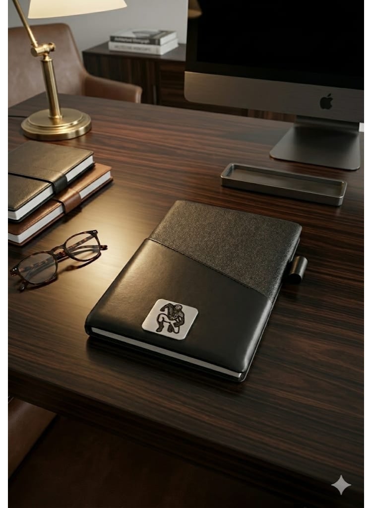 Luxury Black Leather Notebook with Unique Design – Elegant Cover with Engraved Metal Plate - Image 3