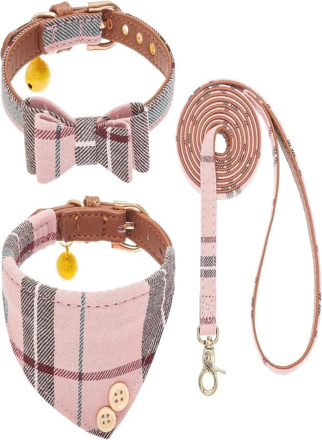KOOLTAIL Pink Girl Dog Collar and Leash Set for Small Dogs with Bowtie and Bells - Cute Puppy Bandana Collar and Leash with Classic Plaid Pattern, Soft Leather Tangle Free Leashes for Small Dogs, S - Image 1