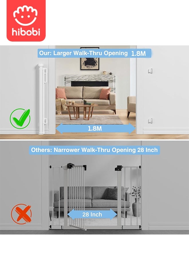 hibobi Retractable Baby & Pet Safety Gate | 180x86cm | No Bottom Bar, No Tripping | One-Hand Operation + Safety Lock | Adhesive/Screw Installation | For Stairs, Hallways, Balconies, Courtyards - Image 3