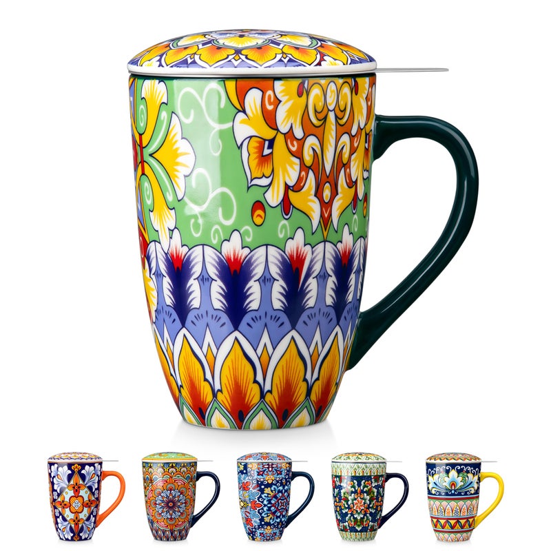 vancasso Ceramic Tea Mug with Infuser and Lid, 18 Ounce Bohemian Loose Leaf Cup, Microwave & Dishwasher Safe, Perfect for Tea, Coffee, Lime-Green Fiesta - Image 1