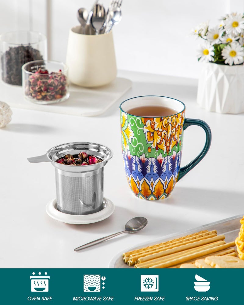 vancasso Ceramic Tea Mug with Infuser and Lid, 18 Ounce Bohemian Loose Leaf Cup, Microwave & Dishwasher Safe, Perfect for Tea, Coffee, Lime-Green Fiesta - Image 4