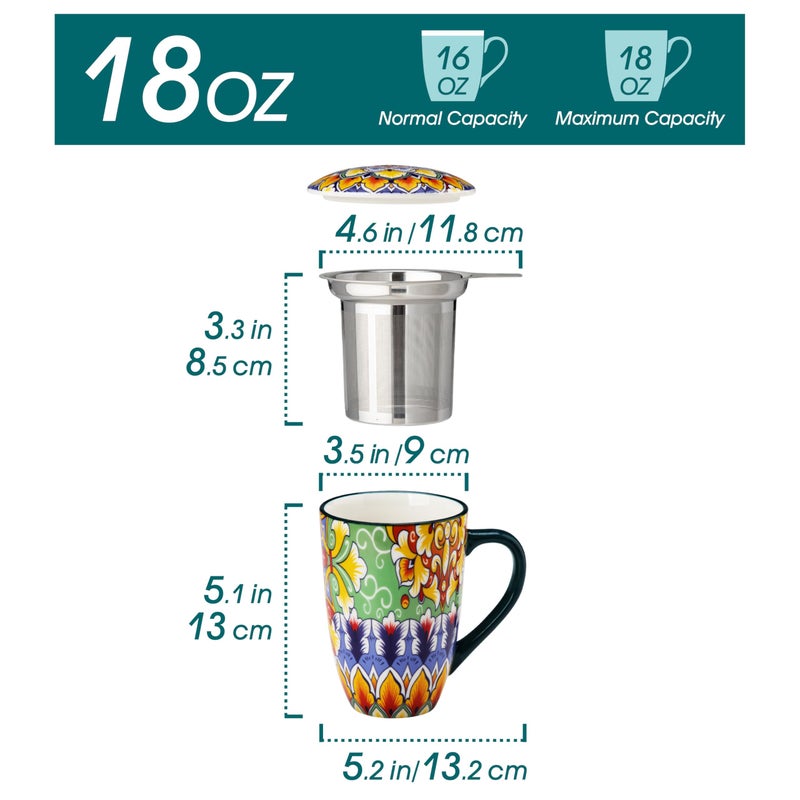 vancasso Ceramic Tea Mug with Infuser and Lid, 18 Ounce Bohemian Loose Leaf Cup, Microwave & Dishwasher Safe, Perfect for Tea, Coffee, Lime-Green Fiesta - Image 2