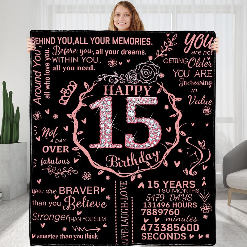 15th Birthday Blanket Gifts for Girls  Happy 15th Birthday Gift Ideas for Her  15 Year Old Gifts for Daughter Sister Bestie  Personalized Flannel Fleece Soft Throw Blanket