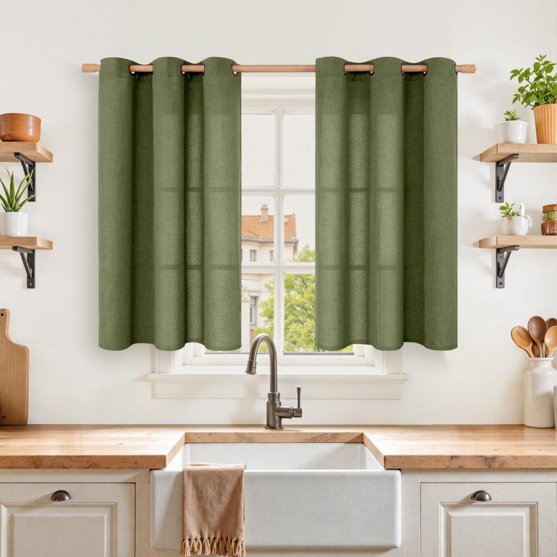 YoungsTex Olive Linen Curtains 40 Inch Length for Kitchen Window, Dark Green Short Light Filtering Drapes Semi Sheer with Bronze Grommet for Bathroom Windows, 2 Panels, 42 X 40 Inch - Image 1