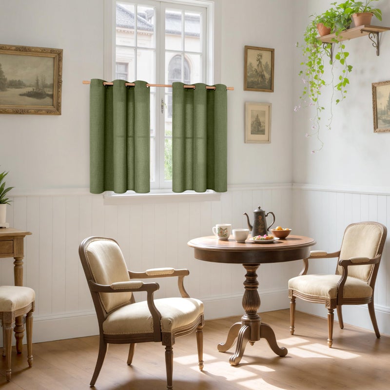 YoungsTex Olive Linen Curtains 40 Inch Length for Kitchen Window, Dark Green Short Light Filtering Drapes Semi Sheer with Bronze Grommet for Bathroom Windows, 2 Panels, 42 X 40 Inch - Image 2