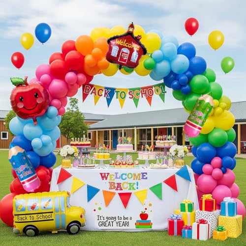 Yeewaka back to school balloons hot pink and red yellow green balloon garland arch kit 130pcs with school bus classroom apple mylar balloon for back to school Birthday party decorations - Image 1