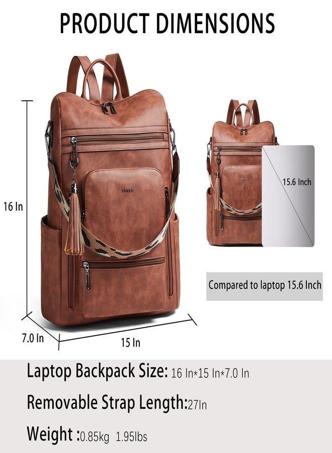 Shrrie Laptop Backpack Vegan Leather Laptop Backpack for Women 15.6 Inch Work Backpack Fashion Travel Backpack for Business College, 1 x Brown Nubuck, M - Image 3