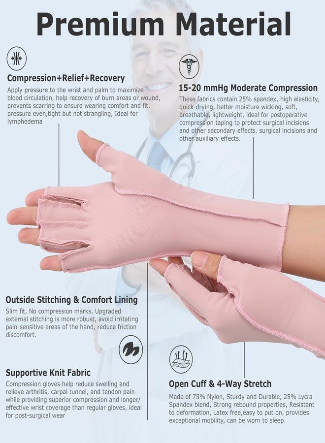 NURCOM Compression Arthritis Gloves, Rheumatoid Pain Relief Compression Gloves for Women & Men, Premium Fingerless Circulation Gloves for Arthritis & Joint Pain, Swelling, Tendonitis, 1 Pair Pink S - Image 3
