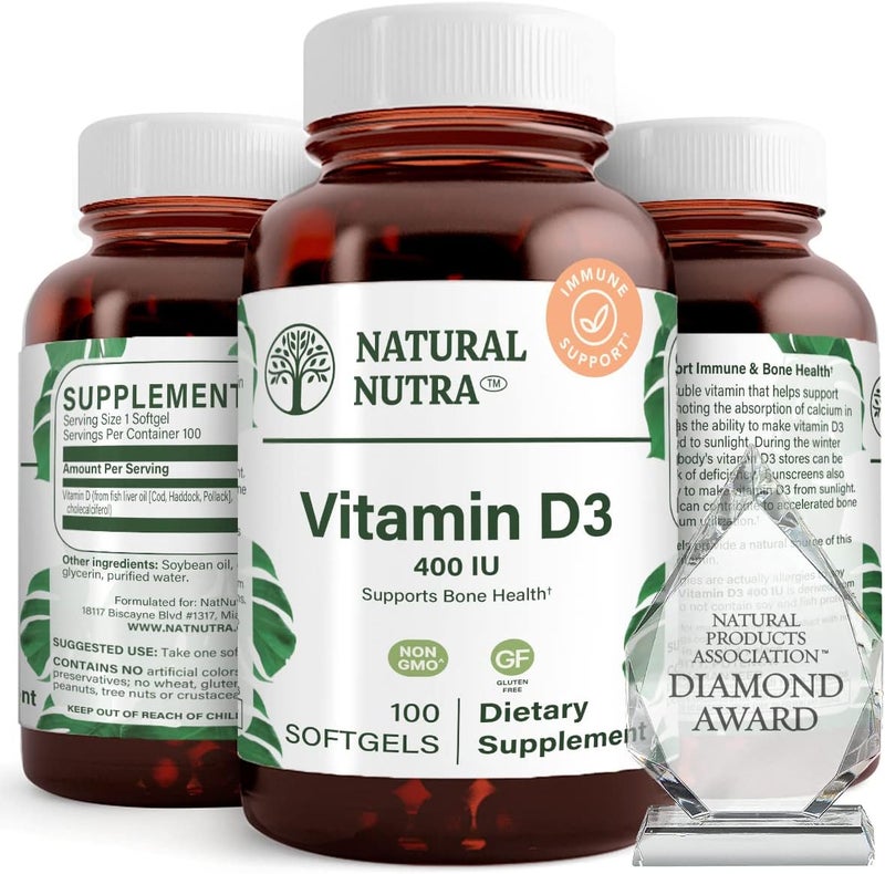 Natural Nutra Supreme Vitamin D3 400 IU Softgels Helps Boost Immune Support Lungs Health Sunshine Vitamin Helps Improve Cardiovascular Health Bone and Teeth Strength GlutenFree 100 Softgels - Image 1