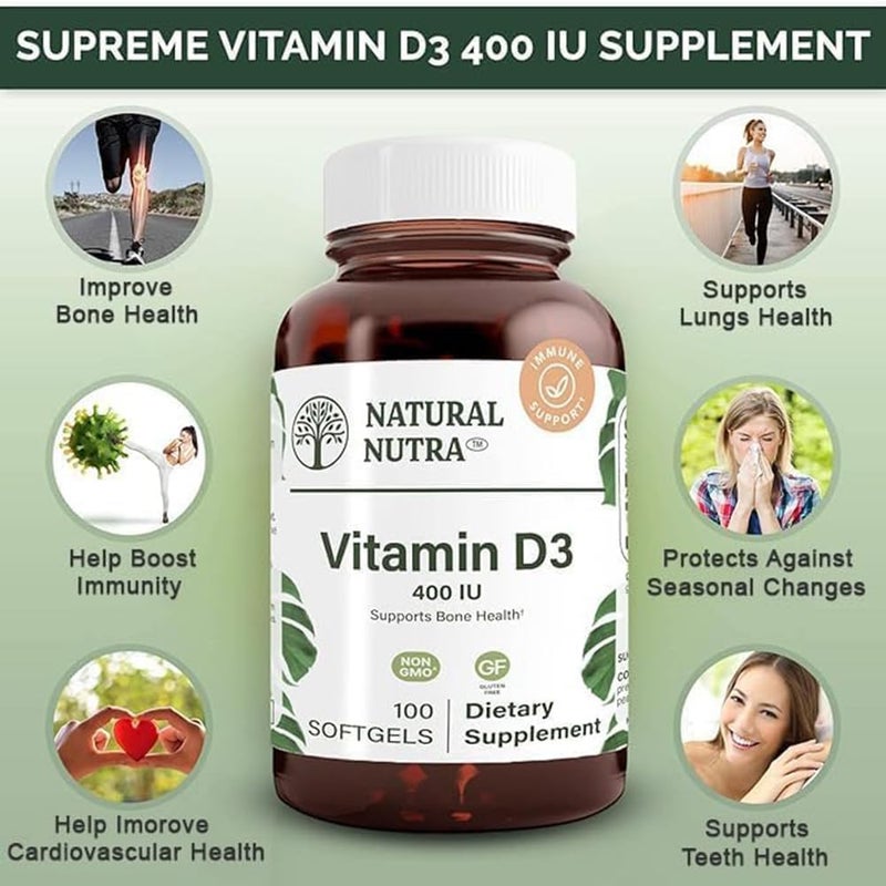 Natural Nutra Supreme Vitamin D3 400 IU Softgels Helps Boost Immune Support Lungs Health Sunshine Vitamin Helps Improve Cardiovascular Health Bone and Teeth Strength GlutenFree 100 Softgels - Image 3
