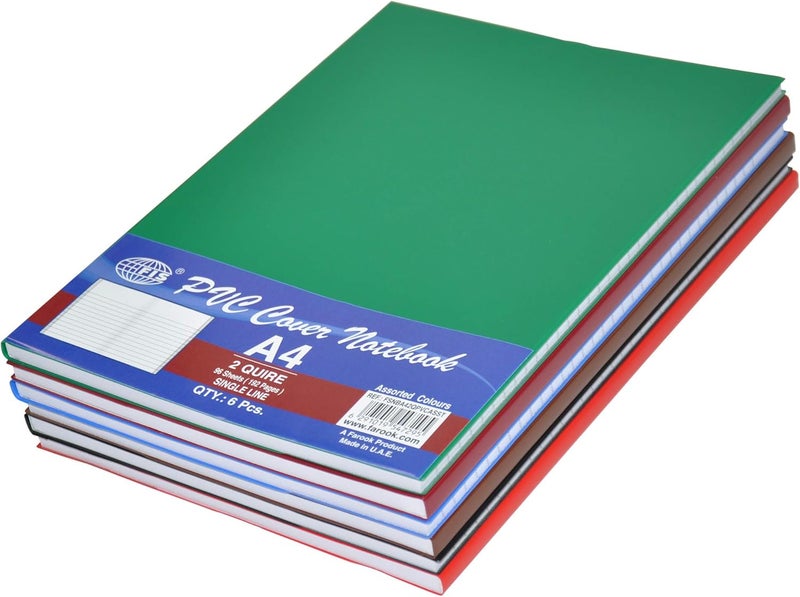 FIS PVC Cover Notebook, A4 Size, 96 Sheets, 192 Pages, Single Line, Assorted Colors, 6-Piece - Image 1