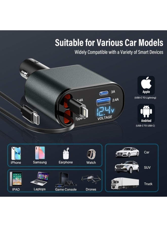 UShop U-Shop 120W Retractable Car Charger with Dual Type-A and Type-C Ports and Built-in Cable (USB-C/Lightning), Fast Charging, Digital LED Display (V & Watt), 12V/24V - Image 4