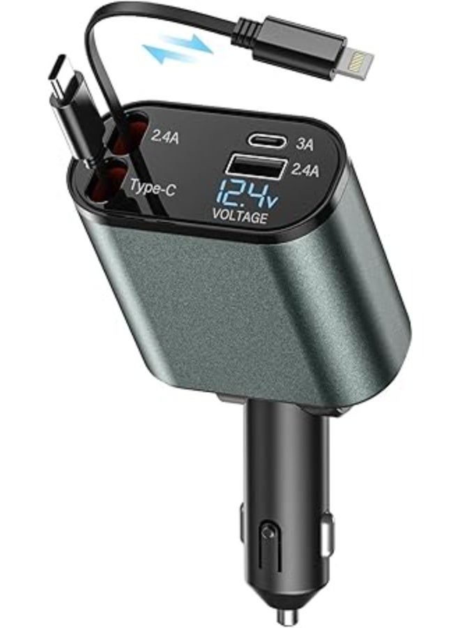 UShop U-Shop 120W Retractable Car Charger with Dual Type-A and Type-C Ports and Built-in Cable (USB-C/Lightning), Fast Charging, Digital LED Display (V & Watt), 12V/24V - Image 1