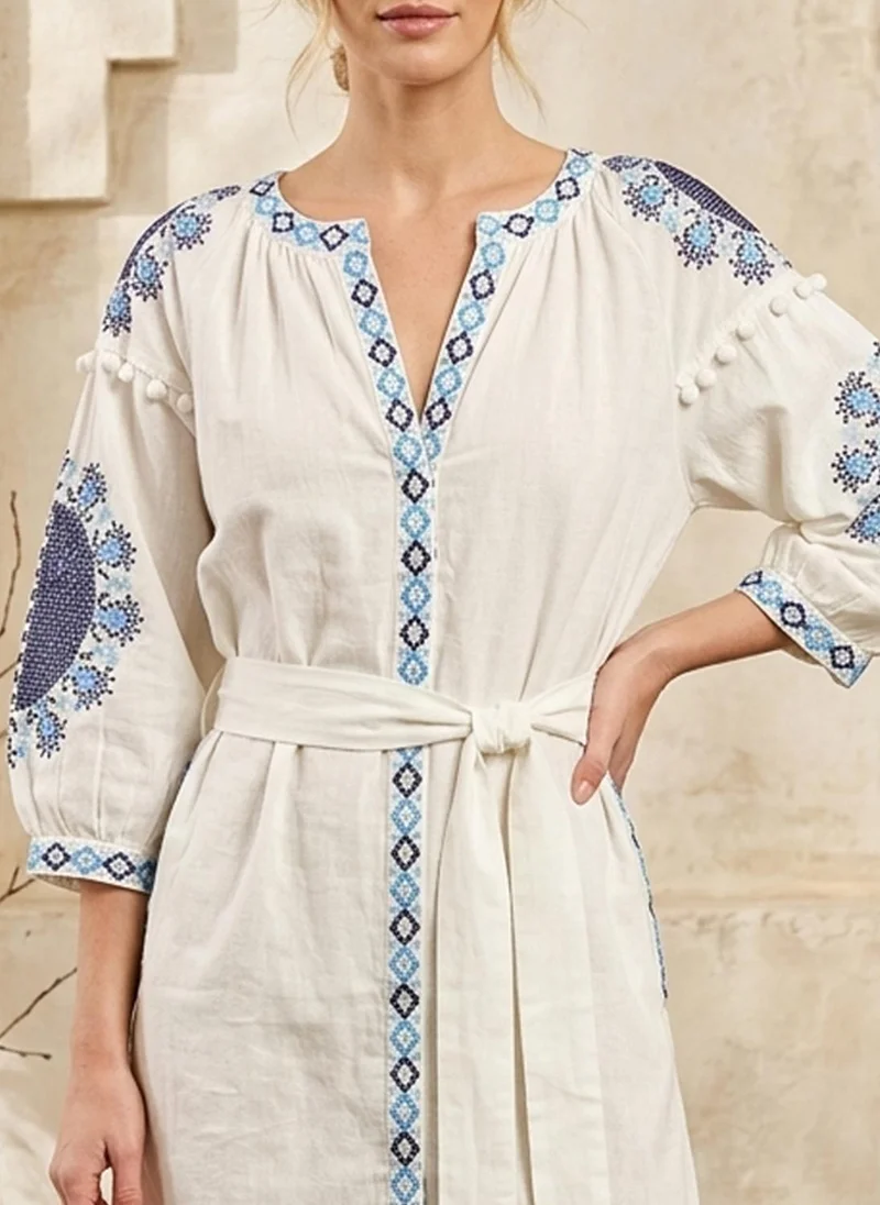 Alaya white with blue embroidery Women Embroidered  Cotton Midi Dress -AL3705 for Women | Best Price UAE