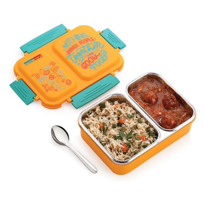 SMARTMEAL 2PARTITION STAINLESS STEEL INSULATED TIFFIN FOR KIDS ADULTS LEAKPROOF LUNCH BOX WITH SILICONE GASKET LID BENTO BOX FOR SCHOOL OFFICE BOYS GIRLS 650 ML YELLOW