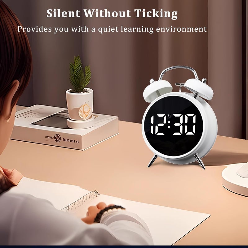 MORPICH Small Digital Alarm Clock 45 Inch Dual Bell Electronic LED Alarm Clock Plug in or Battery Operated Silent Metal Alarm Clock Bedside Alarm Clock for People Who Sleep Hard White - Image 4