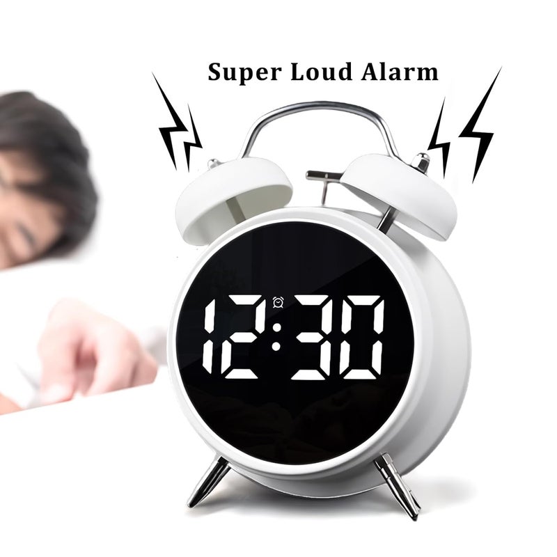 MORPICH Small Digital Alarm Clock 45 Inch Dual Bell Electronic LED Alarm Clock Plug in or Battery Operated Silent Metal Alarm Clock Bedside Alarm Clock for People Who Sleep Hard White - Image 3