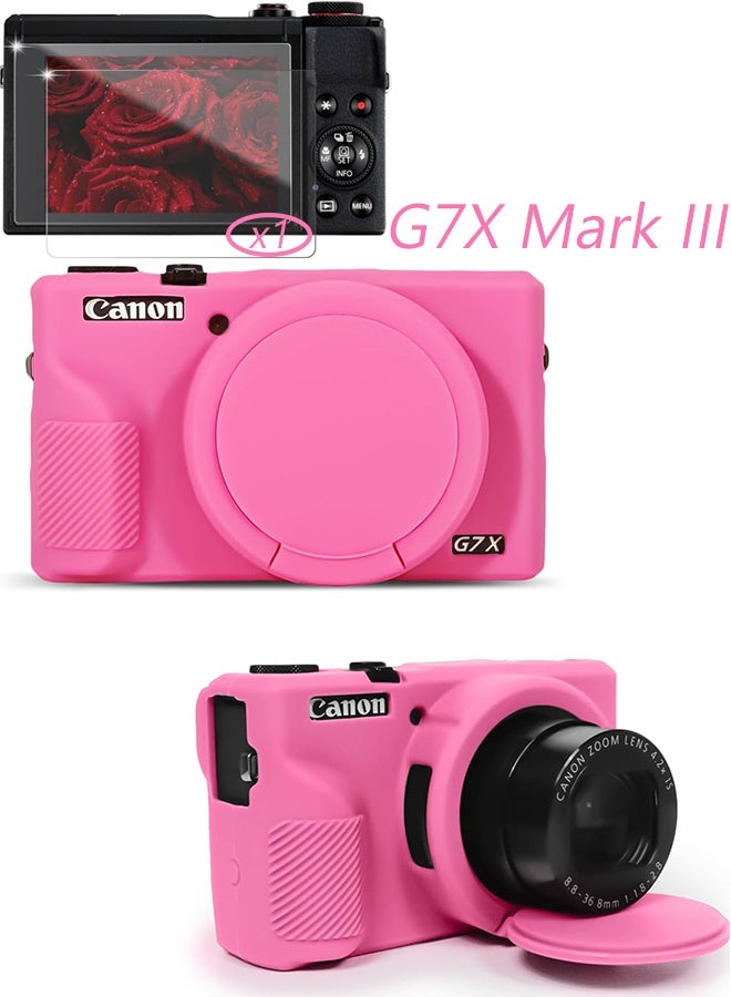Silicone Case with a Tempered Glass Screen Protectorfor Canon Powershot G7X Mark III Digital Camera Soft Silicone Protective Cover with Removable Lens Cover Anti Slip Anti Scratch Magenta - Image 1
