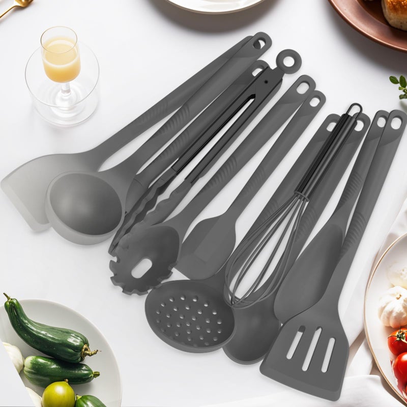 USECANO Silicone Cooking Utensils Set - 600Â°F Heat Resistant, Nonstick Kitchen Utensil Set with Spatulas, Spoons, Whisk, Tongs, BPA Free, Dishwasher Safe (Gray) - Image 4