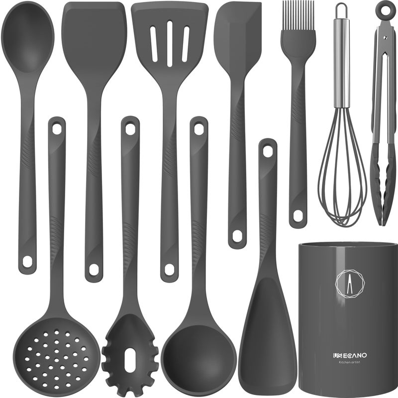 USECANO Silicone Cooking Utensils Set - 600Â°F Heat Resistant, Nonstick Kitchen Utensil Set with Spatulas, Spoons, Whisk, Tongs, BPA Free, Dishwasher Safe (Gray) - Image 1
