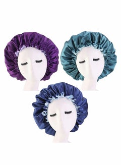 KASTWAVE 3 Pieces Satin Bonnet Adjustable Silk Bonnet Elastic Satin Sleep Hat Shower Caps Hair Bonnet for Women Curly Hair Nightcap 3 Colors  - Image 1