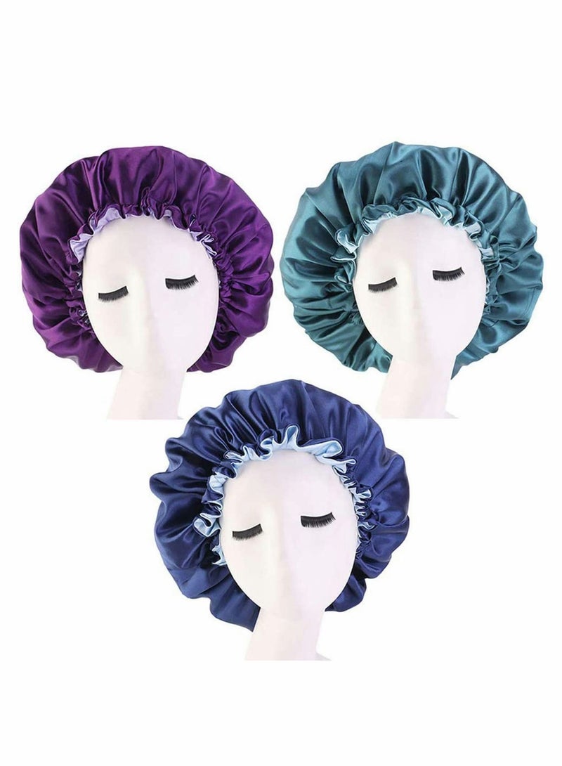 KASTWAVE 3 Pieces Satin Bonnet Adjustable Silk Bonnet Elastic Satin Sleep Hat Shower Caps Hair Bonnet for Women Curly Hair Nightcap 3 Colors - Image 1
