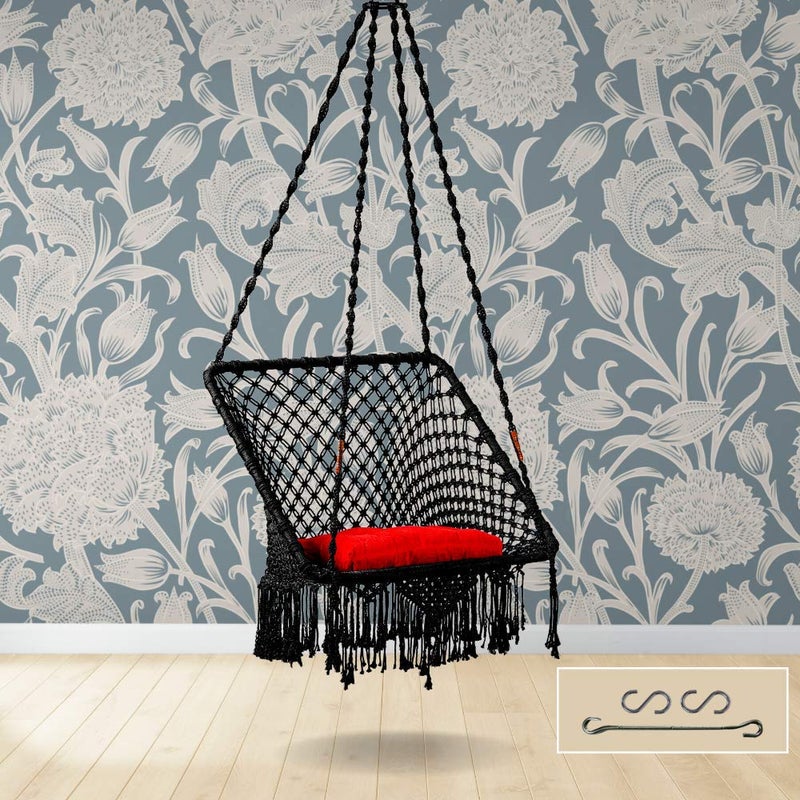 SWINGZY Polyester Polyester Blend Premium Large SquareShape Swing Hanging Hammock Chair for Home Indoor Outdoor Patio Balcony GardenJhula for Adults Accessories Included Black - Image 2