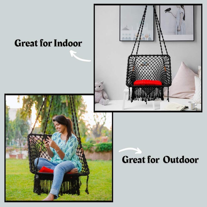 SWINGZY Polyester Polyester Blend Premium Large SquareShape Swing Hanging Hammock Chair for Home Indoor Outdoor Patio Balcony GardenJhula for Adults Accessories Included Black - Image 3