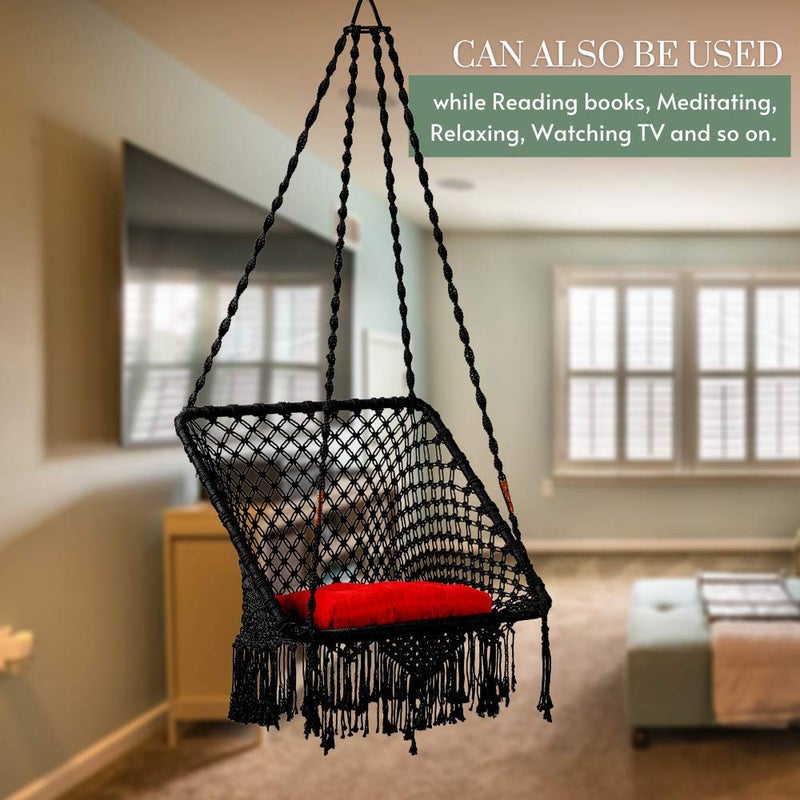 SWINGZY Polyester Polyester Blend Premium Large SquareShape Swing Hanging Hammock Chair for Home Indoor Outdoor Patio Balcony GardenJhula for Adults Accessories Included Black - Image 5