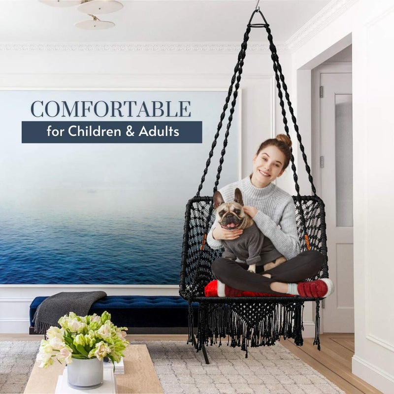 SWINGZY Polyester Polyester Blend Premium Large SquareShape Swing Hanging Hammock Chair for Home Indoor Outdoor Patio Balcony GardenJhula for Adults Accessories Included Black - Image 4
