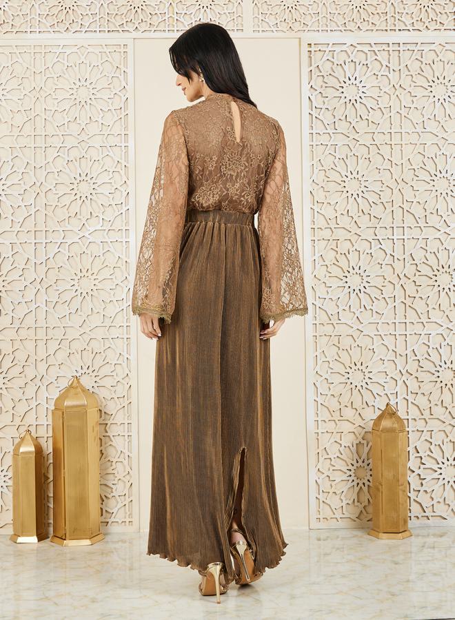 Styli Lace Detail High Neck Plisse Maxi Dress  - Image 4