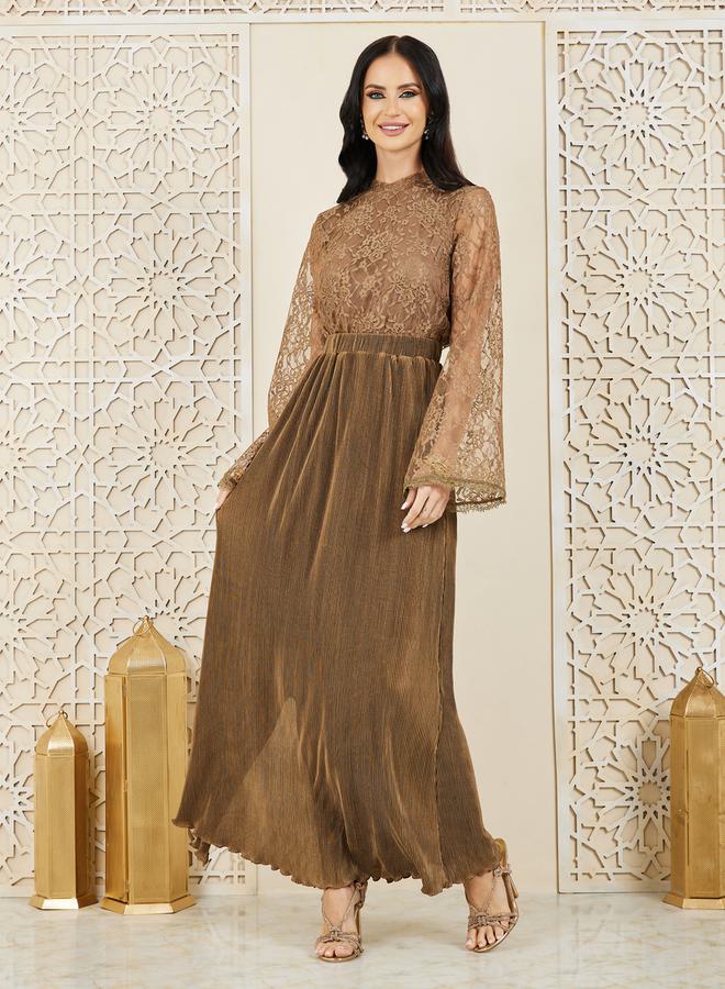 Styli Lace Detail High Neck Plisse Maxi Dress  - Image 1