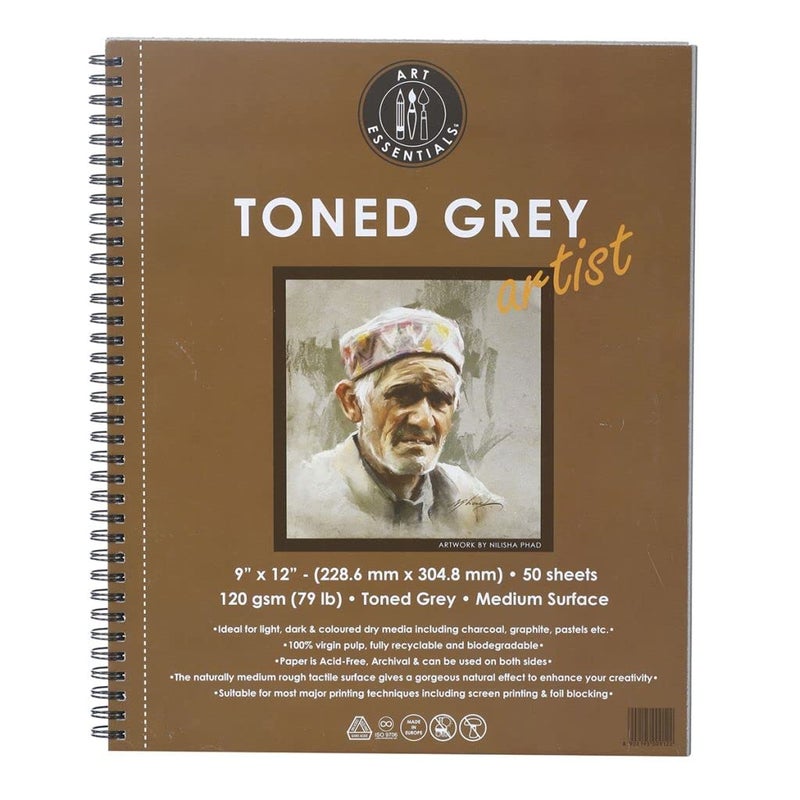 Art Essentials Toned Sketch Artist 9 x 12 inch Cool Grey Medium Surface 120 GSM Perforated Wiro of 50 Sheets Acid Free Paper for Drawing Sketch with Graphite Charcoal Pastel Light Dark Media - Image 1