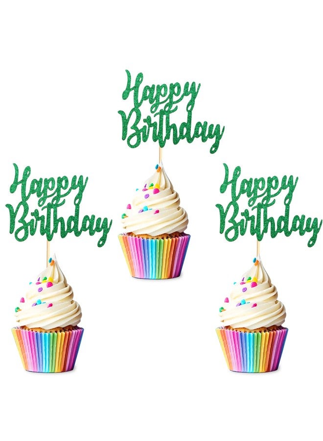 Arthsdite Pack of 48 Pre-Assembled Green Glitter Happy Birthday Cupcake Toppers Cake Food Fruit Picks for Celebrating Birthday Party Decoration Supplies - Image 1
