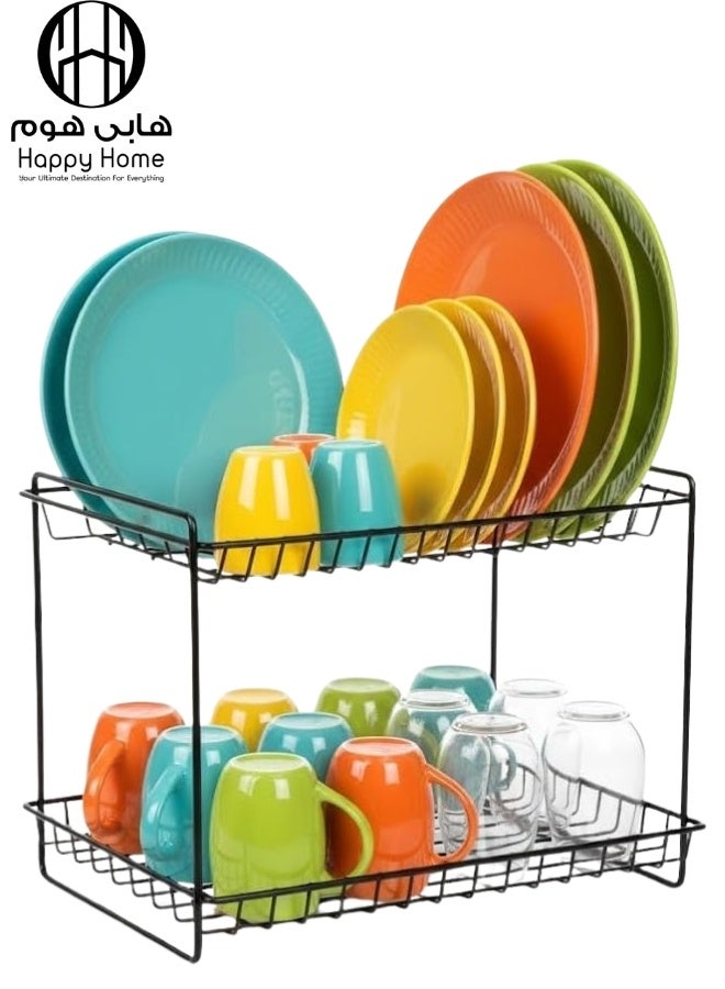 Happy Home 2-Tier Modern Metal Dish Rack – Stainless Steel Drying Rack for Plates, Cups, and Kitchen Utensils – Large Capacity 38 × 27 cm for Organizing and Drying Plates, Bowls, Glasses, Spoons, and Forks – Rust-Resistant, Easy to Clean – Stylish Black Design for Modern Kitchens - Image 1